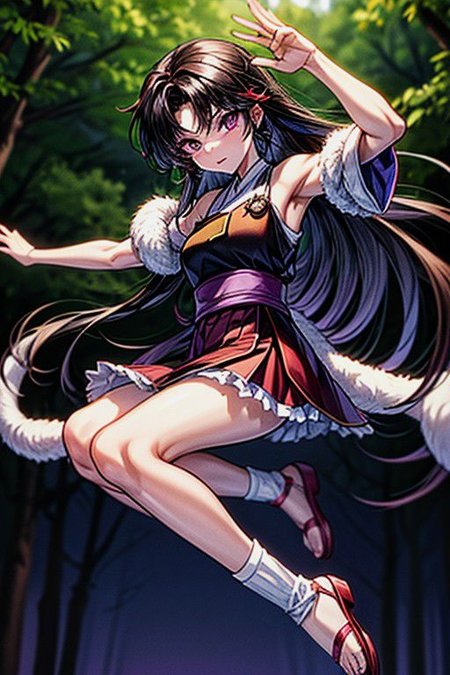 masterpiece,  best quality 1girl Setsun4 solo long hair,  (night time) forest background black hair very long hair purple eyes multicolored hair armor (fur trim) (medium body),<lora:EMS-179-EMS:0.800000>,<lora:EMS-293862-EMS:0.800000>ascot, bare shoulders, black footwear, detached sleeves, embellished costume, frills, japanese clothes, nontraditional miko, red skirt, sandals, sarashi, skirt, socks, armor, miko