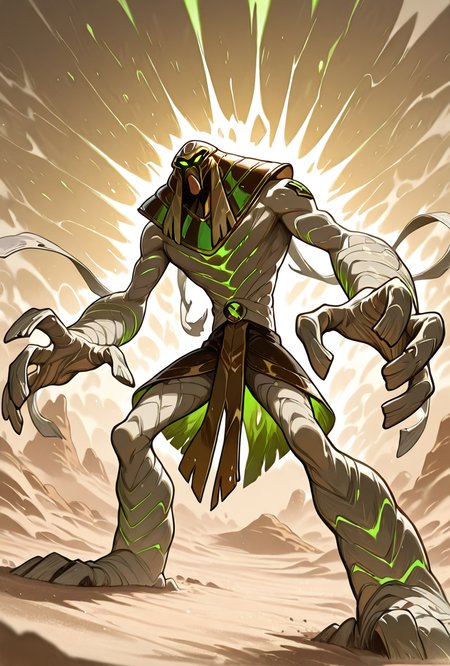 <lora:snareoh-07:1> snareoh, solo, male focus, no humans, 1boy, glowing eyes, green eyes, brown helmet, monster, mask, egyptian clothes,mummy bandages, mummy, massive hands,  Cartoon, dynamic pose, desert, sand storm, blowing bandages, masterpiece, best quality, amazing quality, very aesthetic, absurdres, newest,