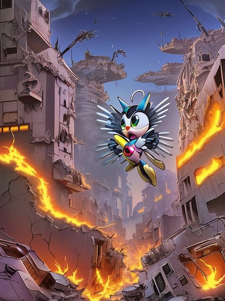 (Disney:0.6),
(detailed (Tweety mecha bot:1.1)) chasing (sylvester cat), 
background: vast town ruins, destruction, flames,