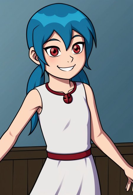 ss_style,1girl,solo,bllue hair,twintails,red eyes,white dress,smile