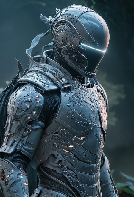 a mystical, and high-resolution image of an anthropomorphic Elysium Knight in Radiant Darkness, The character should be depicted in a manga cover style with wealthy portraiture and poster art elements. Volumetric lighting, The image should feature rich colors and high contrast, focusing on the best quality, official art, and a beautiful and aesthetic appearance. wearing Sci-fi clothes and enhanced Astronaut suit, and standing in a cowboy shot pose. The character should have tattoos, muscular abs, shoulder armor, mystic Ethereal moon forest lake in the background. Emphasize a samurai theme with a detailed background and floral elements.
