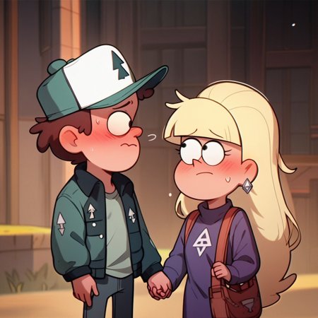 score_9, score_8_up, score_7_up, score_6_up, score_5_up, score_4_up, 1boy, 1girl, DipCif, holding hands, blushing, embarrassed, in the woods, rich colors, hat