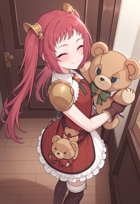 highres, best quality, masterpiece, indoors,
1girl, solo, pcrayane, twintails, red hair, long hair,
payndef, hair ornament, red dress, collared dress, sleeveless dress, white collar, brooch, green ribbon, lanyard, teddy bear pendant, single pauldron, shoulder armor, brown gloves, bear bag, waist bag, white skirt, frills, thigh boots,
from side, looking at viewer, 
blush, smile,
standing, from side, closed eyes, 
holding teddy bear, pkc teddy bear, large teddy bear, from above,
<lora:_ayane_pcr-elesico-ilxlA:1>