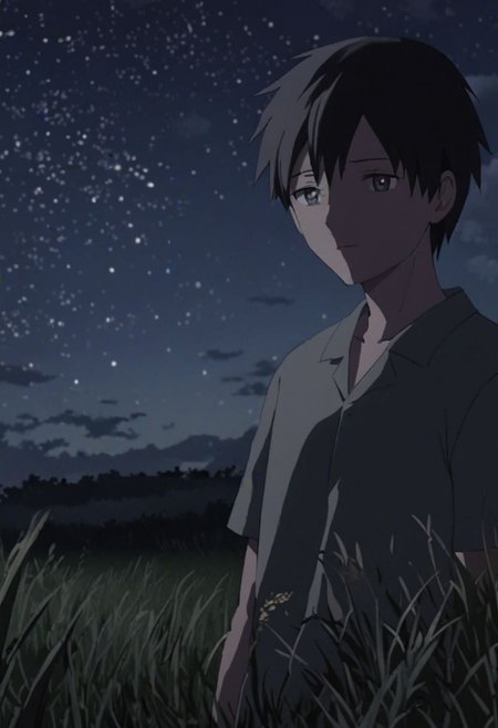Highres, Masterpiece, High Quality, 4K, 8K, solo, 1Boy, Takaki Toono, adult, black hair, short hair, grassland, no light pollution, bush, nature, calm, peaceful, night breeze, breeze, awe, dim, easynegative, detailed_eye_model