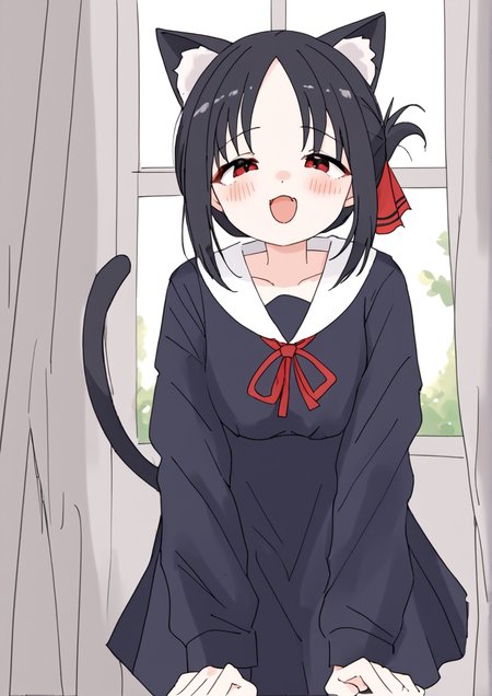 1girl, shinomiya kaguya, huge breast, animal ears, black dress, black hair, blush, breasts, cat ears, cat tail, collarbone, curtains, dress, fang, folded ponytail, hair ribbon, indoors, looking at viewer, open mouth, parted bangs, red eyes, red ribbon, ribbon, school uniform, short hair, shuuchiin academy school uniform, sidelocks, skin fang, solo, tail, window, , zPDXL3 <lora:bobok:1>
