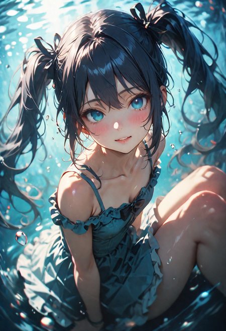 1girl, hatsune miku, vocaloid, solo, long hair, dress, twintails, blue hair, blue eyes, black dress, bubble, underwater, looking at viewer, ribbon, collarbone, parted lips, hair ribbon, air bubble, floating hair, very long hair, sleeveless, sleeveless dress, black ribbon, bangs, eyebrows visible through hair, bare shoulders, frilled dress, hair between eyes, feet out of frame, frills, sitting, bare arms, blue background, bare legs, breasts, small breasts, knees up, spaghetti strap, arms at sides, submerged, short dress, cleavage, aqua hair, black bow, water, shiny hair, aqua eyes, blue theme, head tilt, teeth, simple background, knees together feet apart, thighs, hair bow, sidelocks, bow, shiny, eyelashes, smile, open mouth, alternate costume, layered dress, hair ornament, legs, half-closed eyes, empty eyes, hair intakes, flat chest, fish, blush, legs together, expressionless, water drop, colored eyelashes, grey background, medium breasts, eyes visible through hair, 39, light blush, gradient background, tareme, pleated dress, gradient, shaded face, lips, light particles, caustics, blue dress, skirt, grey dress, tears, dark background, sundress, off-shoulder dress, light smile, eyebrows, two side up, profile, from side,
Chiaroscuro,  cowboy shot, (face focus, close-up legs:1.2), (dynamic pose, dynamic angle:1.2),  (ai-assisted:1), (realistic, photorealistic:1), 
(masterpiece, best quality, ultra-detailed, very aesthetic:1.5), (illustration:1), disheveled hair, perfect composition, moist skin, intricate details, (pale color, flat color, oekaki, tegaki, sketch, outline:0.5), film, bokeh, professional, blur, lomo<lora:Toy_Camera:0.6>