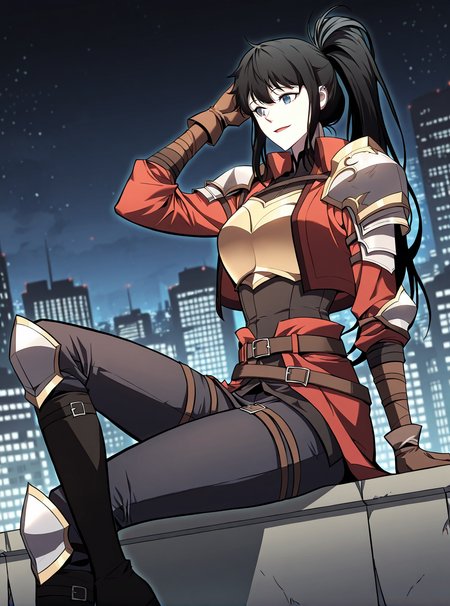 <lora:Cheon_Yooha_v2:1>
1 girl, solo, ponytail, black hair, long heir, bangs, blue eyes, ear piercing
armor, shoulder armor, pauldrons, breastplate, brown gloves, black boots, belt, red jacket
score_9, score_8_up, score_7_up, very aesthetic, source_anime, detailed, high quality, beautiful, masterpiece, detailed eyes, night, illuminated city background, blurry background, cityscape, pose dynamic angle, light smile, open mouth, hand on hair, sitting