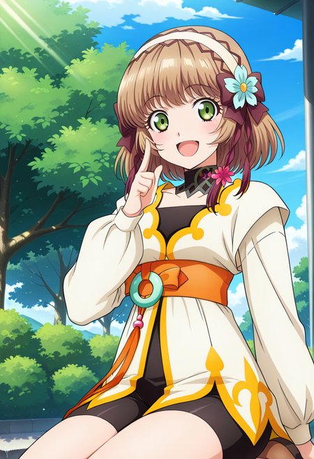 park, trees, flowers,
BREAK,
open smile, sitting,
cowboy shot, dynamic angle,
BREAK,
<lora:leiax2_illustriousXL_v01:0.9>
leiax1, brown hair, green eyes, short hair, hair ornament, hair flower, hair ribbon, 
choker, short dress,  white dress, long sleeves,  black bike shorts,
brown footwear,, source_anime, very aesthetic, anime coloring, masterpiece, 
best quality, amazing quality, ultra detailed, very aesthetic, 
detailed background, 
BREAK,