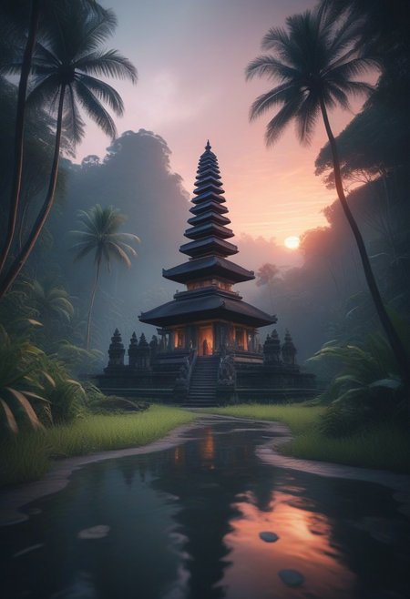 breathtaking beauty of Bali, scenic bali jungle sunset landscape with a temple, perfect composition, Pastell colors, haze, low angle,
shadow Palms, masterpiece, best quality, double exposure, realistic, whimsical, fantastic, splash art, intricate detailed, hyperdetailed, maximalist style, photorealistic, concept art, sharp focus, harmony, serenity, tranquility,
mysterious glow, ambient occlusion, halation, cozy ambient lighting,dynamic lighting, masterpiece, liiv1, linquivera, metix, mentixis, masterpiece, award winning,