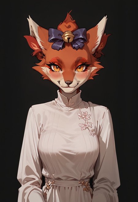 score_9, score_8_up, score_8. score_9, score_8_up, score_7_up, score_6_up, masterpiece, 4k, high quality, (best quality:1.1), ExpressiveH, close up
1girl, GunFireLI, red fox, tail, orange eyes, hair bell, purple bow, two-tone fur, red_inner_ear_fluff, medium breasts, blushing, looking at viewer, smiling, g0dd3ss, white dress, arms crossed
black background