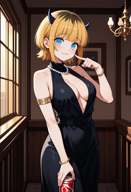 masterpiece, best quality, <break> solo, 1girl, m3mcho, :3, looking at viewer, standing, pointing at self, holding can, soda can, short hair, multicolored hair, blonde hair, blunt bangs, sidelocks, fake horns, demon horns, blue eyes, raised eyebrows, evening gown, long dress, black dress, sleeveless dress, center opening, side slit, armlet, bracelet, pearl necklace, cleavage, medium breasts, indoors, balcony, chandelier
<segment:yolo-Anzhc Face seg 640 v2 y8n.pt,0.4,0.5//cid=1>