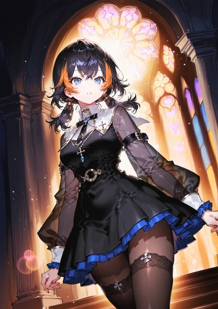 zPDXL3 Real score_9, score_8_up, score_7_up, score_6_up source_anime, highly detailed, sharp, intricate details, rating_safe rating_sensitive, rating_explicit, masterpiece, best quality, good quality, bright eyes light particles lens flare amazing quality, very aesthetic, very awa, absurdres, newest,
<lora:yoneyamaiXLNBVP1lokrV6311PZ:0.5>, <lora:PRSNL:0.5>
<lora:nhl-001:0.4> nhl-001 film grain multicolored background  <lora:ponyv4_noob1_2_adamW:0.4>
medium breasts, dynamic pose, dynamic angle,
optical illusion, ssambatea, quasarcake, Fishine, arutera, soresaki, reoen, sanbonzakura, askzy, negative space, see-through, made of, neon light, detailed background,
medium hair low twintails
niji-petra,medium breastas,blue eyes,black hair,orange hair,multicolored hair,streaked hair,ornament,
nun thighhighs indoors, indoors, palace, night, architecture, flag, arch, pillar, tights
 <lora:niji-petra:0.7>