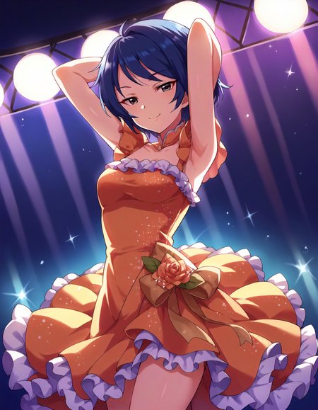 score_9,score_8_up,score_7_up,1girl,solo,cowboy shot,looking at viewer,smile,stage lights,arms behind head,
<lora:wakuirumi_ponyXLV6:0.8>,cgwr,
blue hair,short hair,black eyes,
dress,frills