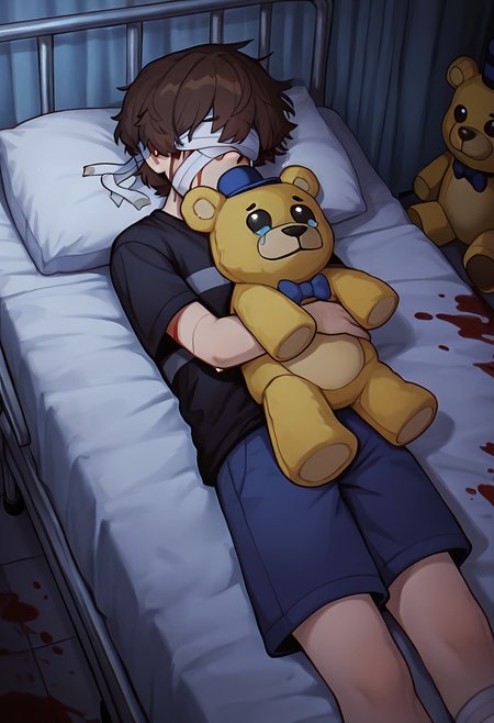 masterpiece, best quality, amazing quality, very aesthetic, absurdres, newest, detailed background, foreground blur, (( cartoon,  )),
cryingchil, short hair, brown hair, black shirt, 1boy, short sleeves, striped shirt, navy blue shorts, crying, tears, blue tears, yellow stuffed bear toy,
bandages over head, bandages on head, in hospital, bandages over eyes, blood, bleeding, bloody plushie, in bed, laying in medical bed,