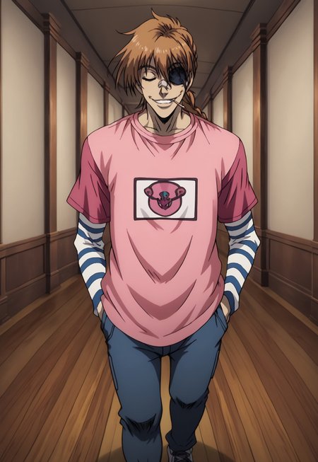 score_9, score_8_up, score_7_up, masterpiece, best quality, amazing quality, very aesthetic, absurdres, full body, PipBernadotte, 1boy, solo, male focus, orange hair, braided ponytail, dark skin, closed eyes, black eyepatch, bandaid on nose, PinkPip, pink shirt, print shirt, short over long sleeves, layered sleeves, diagonal-striped shirt, blue stripes, jeans, sneakers, indoors, grin, walking, hands in pockets, cigarette, mouth hold, perspective,