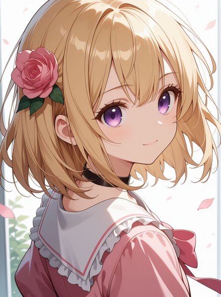 sfw, general, 
<lora:DDjill_servelPonyV1:1>, 1girl, jill_servel, blonde hair, medium hair, purple eyes, hair flower, pink dress, pink bow, collarbone, light smile, 
BREAK
dutch angle, from front, dynamic pose, <lora:brightness_slider:-0.5>, 
BREAK
masterpiece, best quality, amazing quality, very aesthetic, absurdres, newest, 
<lora:Eyes_High_Definition:0.6>, eyesHD, high gradient eyes, detailed eyes, high definition eyes, 
<lora:LECO_Particles:1>, <lora:LECO_StickClotch:1.5>,, general, from behind, looking back, dutch angle,  dynamic pose,