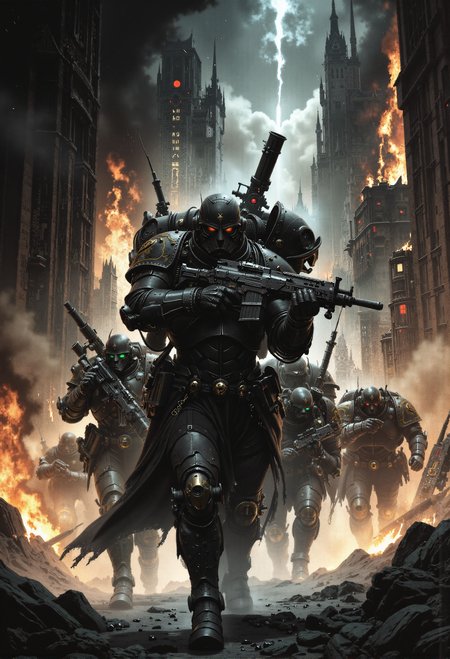 analog film photo . Frank Frazetta fantasy oil painting (art by Zdzislaw Beksinski:2), a hero squad, defense line, giant weapons, taking aim, ready to shot. walking towards viewer, burning city. grimdark, mythp0rt, FredFraiStyle <lora:- Flux1 - vanta_black_V1.0.safetensors:0.5>,  <lora:FluxMythP0rtr4itStyle.safetensors:0.76>,  <lora:FredFraiStyle-FLUX-Share.safetensors:0.75>,  <lora:Warhammer_Rogue_Trader_Style_flux-000021.safetensors:0.5>,   <lora:ARTifacts.safetensors:0.5>,  <lora:Movie_Portrait.safetensors:0.5>,  <lora:m100-style_v.02.safetensors:0.25>,  <lora:frazetta_flux_v2-000150.safetensors:0.5>,   . faded film, desaturated, 35mm photo, grainy, vignette, vintage, Kodachrome, Lomography, stained, highly detailed, found footage
