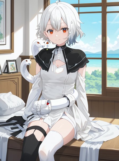 score_9,  solo, 1girl,bright colors,day, anime screenshot, 
shirona shizuku,1girl, solo, white dress, black capelet, white snake,asymmetrical gloves,standing, Single earring,asymmetrical thighhighs, hand up, White sleeves,
indoors, looking at viewer,sitting, bedroom,smile, <lora:ç½é£ããã_Shirona_Shizuku__ããªãã«ã_Neo-Porte_Vtuber-000012:1> <lora:Anime_Screencap:1>