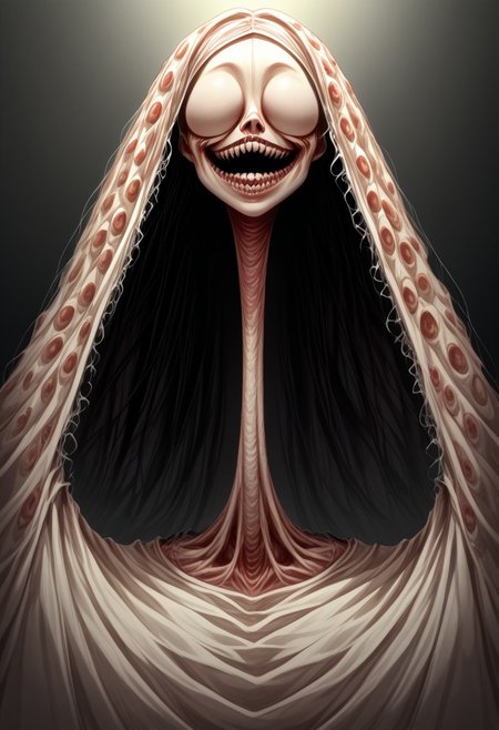 score_9, score_8_up, score_7_up, source_anime, solo, Nightmarish Jessica Rabbit, (looking towards the viewer, face view, close up face, head shot, face portrait:1.4), (long arms, long legs, long neck, horror, no eyes, no face, large mouth, creepy smile, skinny, bones, Victorian gown:1.5), close face view, (indirect lighting, dynamic lighting:1.4), simple background, (detailed image, high resolution, 5k resolution:1.0), VikingAnime, (horror Art Style:1.2)