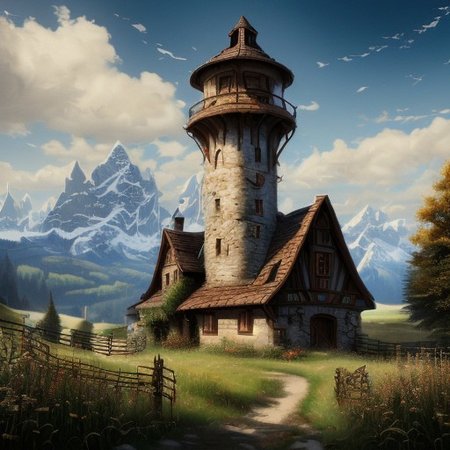 realistic analog photo, award winning photo, 
fantfa, background, mountains, apple trees, foreground, field, house, fence, farm, farmland, witow, a tall high fantasy wizard tower, blue sky
wide shot, high-quality, crisp, sharp, professional-grade, high-resolution, fine detail, accurate colors, low noise, fast shutter speed, wide dynamic range, precise focus, RAW, highres, 8k, uhd, High Dynamic Range, tonemapping, crisp details,