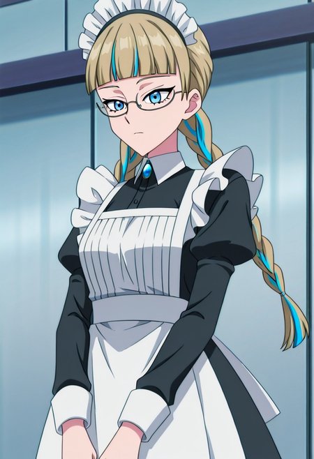 zPDXLx, mur4k4mi-ip,anime screencap,anime art style,beyblade series, beyblade x, meiko myoden,1girl,solo,braid,glasses,twin braids,blue eyes,maid,maid headdress,apron,long hair,blonde hair,multicolored hair,bangs, blunt bangs