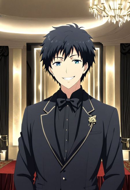 high resolution, solo, best quality, 1Boy, Arata Kaizaki, Black Hair, luxury hotel, Ballroom, tuxedo, smile, mysterious, confident, OverallDetail