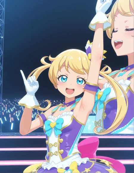 1girl, kiratto pri chan, 
solo, anime coloring, jealousy, (stage:1.3), (concert:1.3), dancing, closed eyes, moegiemo3d, 3d, blue eyes, hair ornament, blonde hair, twintails, small breasts, idol clothes, :d, blush, star \(symbol\), skirt, arm up, smile, breasts, white gloves, looking at viewer, gloves, armpits, upper body, shiny skin, screen zoom, from side, idol, pinky out, glowstick, teeth, open mouth,
best quality, very aesthetic, newest, masterpiece, absurdres, highres, anime screenshot, safe
 <lora:il-prichan-emo1.0:1>