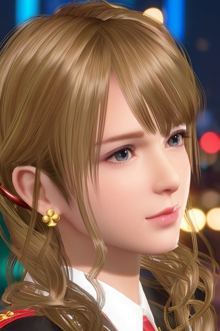 score_9,score_8,score_7_up,best quality,high detailed,realistic,   monica \(doaxvv\), 1girl, solo, looking away, grey eyes, blonde hair, swept bangs, twin braids, curly hair, (gold clubs earring), dark red hairclips, very close-up, eye focus, from side, realistic, city_lights, bokeh,        <lora:doa_monica_pdxl_v11:0.7500000000000001>