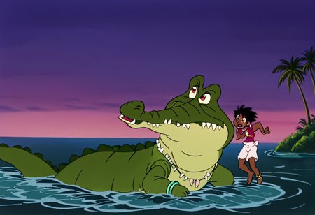 Tick tock crocodile,male animal focus,tail, crocodile open large mouth ,green skin, blue eyes, Tick Tock the crocodile is giant and very huge size,teeth, swimming in water,partially submerged,Tick Tock the crocodile looking at a young Choi mochimazzi who she is sitting on Tick Tock the crocodile belly floating on the water on his back. choim,Choi mochimazzi ,short hair, black hair, red eyes, dark-skinned female,purple eyes,
dress, jewelry, dark skin, necklace, bracelet, wristband,anklet, barefoot,open mouth,river,palm trees, jungle tropical, Disney, anime,tamako market