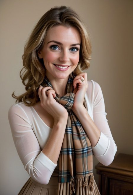Detailed smiling expression of joy of classy shy milf Belle, wearing classy pleated dress, scottish scarf