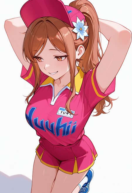 masterpiece,high quality details, absurdres,
 <lora:Aona:0.8>enh_cnr,
aona_cnr, 1girl, brown hair, long hair, ponytail, brown eyes, breasts
aona_s1,uniform_cnr, sportswear,pink shirt, short sleeves, shorts,skirt, socks,blue sneakers, hat, hair flower,, simple background, white background, from above,solo,, sad smile,crazy smile,, legs dangling,arms spread wide,arms folded behind head,