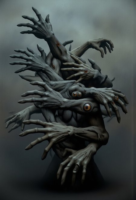 aidmaMJ6.1, Made out of paper, a PaperStyle , d4artstyle, d4concept, , d00mstyle, made of clay, ZBClay model of a gray sculpture
A nightmarish entity composed of multiple disembodied hands, each twisted and mutated with grotesque features. The hands appear decayed and withered, with torn skin and exposed muscle. Some hands have additional, unnatural elements, such as bulging eyes embedded in their palms or elongated, claw-like fingers. The overall form is chaotic, as the hands reach out in different directions, as if animated by a sinister will. Each hand seems to possess its own malevolent awareness, with the embedded eyes scanning the surroundings in an unnerving manner. The creature exudes an aura of horror and surrealism, embodying a blend of grotesque disfigurement and unnatural animation.
Background solid color with a faded dimly lit, fog-covered darkness tone that emphasizes its silhouette. 
 The medium is not a traditional painting or illustrative medium like watercolor or ink but rather a digital rendering, eerie and unsettling.