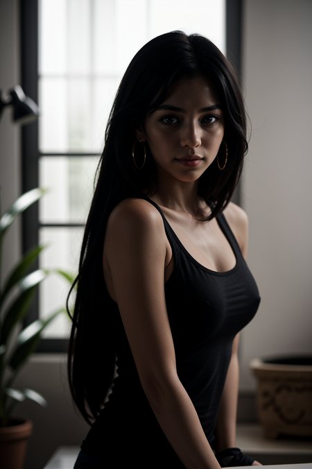1girl,  black hair, earrings,   gloves, indoors, long hair, looking at viewer, potted plant, solo, tank top, upper body, window, close-up, 
masterpiece, best quality, intricate detail,       <lora:LCM_LoRA_Weights_SD15:1> <lora:backlight_slider_v10:-1>