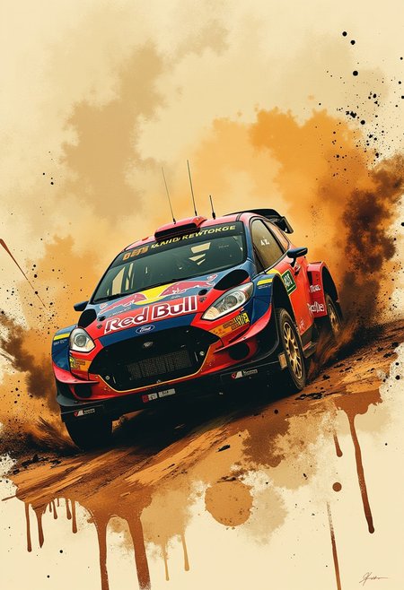 nistyle, Inkplash art on rice paper, sepia, henna , Silhouette Art, magnificent, inksplash poster art, ford world rally car, number "42", "Red Bull" livery, abstract background, dynamic image, dust