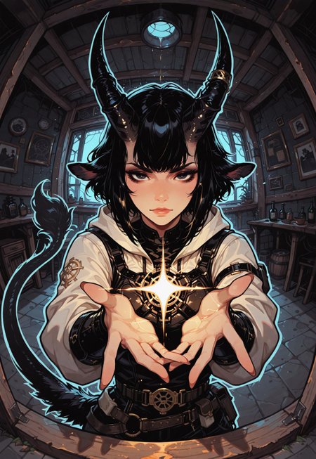 score_9, score_8_up, score_7_up, masterpiece, best quality, very aesthetic, detailed face, (dynamic:1.1), incoth, (incase:0.6), thick lines, outline, illustration, 1girl, demonic goat girl, black hair, slanted bob, black, dark, casting spell, arcane, horny, spaded tail, horns, upper body, angle, clean, animal ears, fisheye-lense, perspective, 