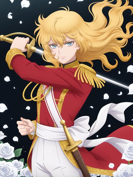 official tv style,anime coloring,oscar francois de jarjayes, 1girl, hand on hilt, rapier sheath, rapier, solo, white rose, sash, black background, looking at viewer, floating hair, white pants, red military uniform, traditional media, white petals, crossdressing, gold epaulettes, red coat, white brooch, white aiguillette
masterpiece,best quality,amazing quality,very aesthetic,absurdres,newest,<lora:oscar_francois_de_jarjayes illusXL v1:0.72>,