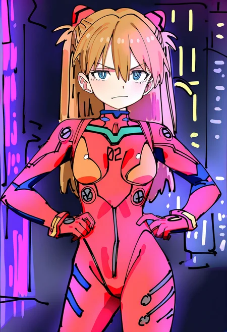 best quality, amazing quality, very aesthetic, absurdres, sketch,
BREAK
1girl, asuka langley, red plugsuit, standing, smug, looking at viewer, futuristic background, neon light , buildings, night,   <lora:DoodleAnimeNoobLocon_byKonan:1>