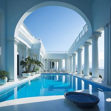 <lyco:Greek_style_interior_design_Sa_May:1.0>  Greek style interior design of  swimming pool