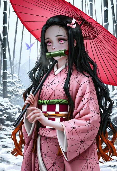 masterpiece, best quality, kimetsu no yaiba 
source_anime,
nixeu, kamado nezuko, kimetsu no yaiba, highres, 1girl,  bamboo, bamboo forest, bit gag, black hair, blurry, brown hair, bug, butterfly, depth of field, eyelashes, fingernails, forest, gag, glowing butterfly, holding, holding umbrella, insect, japanese clothes, kimono, long fingernails, long hair, nature, pink eyes, pink kimono, realistic, sharp fingernails, snow, snowing, solo, umbrella