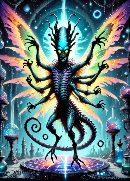 DonMM4g1c4c4d3myXL, score_9, score_8_up, score_7_up, score_6_up, huge anthropomorphic otherworldly alien canine spirit, multipedal armless, flippers,  curved-tailed, iridescent skin,  webbed ears,  celestial wings,,  rating_safe  <lora:DonMM4g1c4c4d3myXL-pony:1.1>