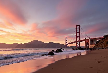 A professional photo of the iconic Golden Gate Bridge at early sunset, viewed from the sandy shores of Baker Beach. The scene is bathed in the warm, golden hues of the setting sun, casting a soft glow over the bridge's red-orange towers as they stretch across the bay. The sky above is a vibrant blend of soft pink, orange, and lavender, with streaks of clouds catching the last rays of sunlight. The waters of the Pacific Ocean gently lap against the shoreline, reflecting the warm tones of the sky, while small waves crash against the rocks in the foreground. The bridge stands tall and proud, its cables silhouetted against the colorful sky. In the distance, the city skyline is faintly visible, bathed in the golden light. The entire scene exudes a serene and peaceful atmosphere, with the vast expanse of the ocean and the grandeur of the bridge creating a perfect harmony between nature and human engineering.