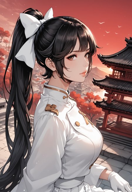 score_9, score_8_up, score_7_up, score_6_up, concept art, cell shading, low light, highly detailed, smooth skin, perfect hands, (japan, spa, temple, sunset, red sky, stylized, very aesthetic, high art, traditional art, fantasy, 32k, anime:1.3),  (monochrome:1.1), (colorized:1.2), (gold:1.2), (red:1.2),
m4g, 1mg1mg, 1girl,(masterpiece:1.1), (from above, from side, face focus, dutch angle, looking up, looking at viewer, posing:1.1), 1girl, aatakao, long hair, black hair, hair flaps, ponytail, hair bow, brown eyes, large breasts, military uniform, aiguillette, white jacket, long sleeves, white gloves, miniskirt, white skirt, black pantyhose, (perfect composition, sexy:1.2), fullbody