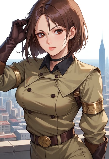 score_9, score_8_up, score_7_up,  source_anime,  BREAK   <lora:KOFWhip:1>, KOFWHP, brown hair, short hair, brown eyes, military unifrom, thighlet, gloves, belt, armlet,  close-up, hair behind ear,  adjusting hair, breasts, 1 girl, solo, cityscape,  cowboy shot,  pants,