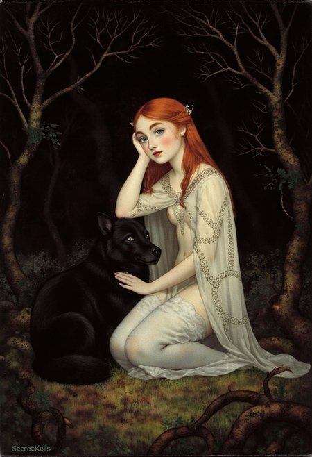 SecretKells Victorian era oil painting by Henrietta Rae, full  body portrait of a beautiful young woman with red hair kneeling in the forest, her intricate sheer Celtic-patterned cloak flowing softly around her, set against a dark forest backdrop. her black wolf sitting next to her, her hand on the dogs head, while delicate swirling lines frame her face. Animated, stylized, detailed portrait, mystical atmosphere.