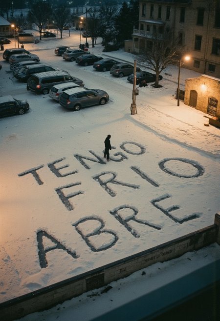 Looking down from the 10th floor of a high-rise building on a snowy winter evening, the scene reveals a parking lot blanketed in fresh snow. Warm streetlights cast a soft, golden glow over the snow-covered ground, creating long shadows and a peaceful atmosphere. In the snow below, the words 'TENGO FRIO' are faintly visible, but 'FRIO' has been crossed out and replaced with 'ABRE,' clearly written in large, boot-trodden letters. A lone figure stands near the words, their face obscured by a hood, seemingly unaware of being watched from above. The surreal humor of the message contrasts with the serene, wintry setting.