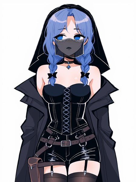 score_9, score_8_up, score_7_up, score_6_up, score_5_up, score_4_up,
BREAK
girl with blue hair, blue eyes, empty eyes, long hair, straight hair, bangs, mature female, black bow, hair bow, braided hair, black pupils, looking away,
BREAK
standing, medium breasts, black tank top, black shorts, black thighhighs, black fingerless gloves, black elbow gloves, strapless, garter straps, choker, (black coat:1.2), black veil, black mouth veil, black bridal veil, corset, (thigh holster:1.1),
BREAK
white background, <lora:Lunas-Megrocks-SDXL-A1:1>