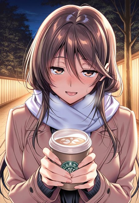 general,highres, ultra-detailed,very aesthetic,best quality ,best hands,masterpiece, best quality, newest, highres, score_9, score_8_up, score_7_up, source_anime, rating_explicit,1girl, yokota mamoru style,motion lines,Very straight nose，slim,slender face,perfect nose,torogao,seductive smile,looking at the viewer
Ichinose Honami,Brown hair, hair Parted to Side, Sidehair, Spiky Bangs, Waist Length hair,long hair,amber eyes,slim
 1girl, solo, brown eyes, scarf, long hair, anime coloring, brown hair, cup, smile, tree, open mouth, night, coat, black hair,night,weak light,Holding milk tea