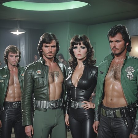 <lora:70sSci-FiMovieSDXL:1> ArsMovieStill, movie still from a 1970s technicolor Sci-Fi movie, The image shows a group of four people two men and two women standing in a dimly lit room with a table in front of them. The woman in the center is wearing a black leather outfit with a plunging neckline and a belt around her waist. She has shoulder-length dark hair styled in loose waves and is looking directly at the camera with a serious expression. The two men on either side of her are wearing green military uniforms with silver accents. The man on the left is also wearing a leather jacket and has a beard. The other two men are wearing leather jackets and have tattoos on their arms. They appear to be in a tense situation. The room has a high ceiling with a circular light fixture and there are other people in the background., multiple boys, jacket, 1girl, breasts, black hair, realistic, belt, cleavage, 3boys, facial hair