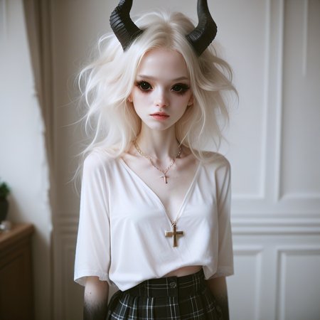 score_9_up, score_8_up, score_7_up, 
1girl, solo, <lora:bdemonpony011:1>, colored skin, pale skin, white skin, black hands, black feet, pitch black eyes, monster girl, skinny, anorexic, slim, horns, white hair,  
chain necklace, cross necklace, bracelets, white shirt and plaid skirt, 
indoors, dark black room, music decorations, 80's punk style, solo,  <lora:Skin Color_alpha1.0_rank4_noxattn_250steps:-1.5>