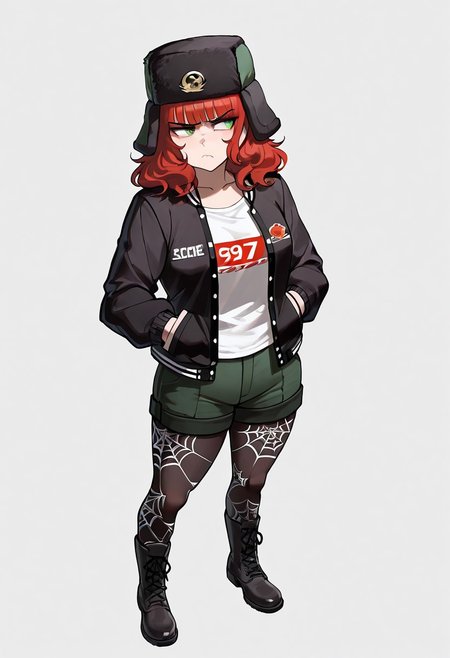 , (score_9, score_8, score_7), masterwork, masterpiece, best quality, beautiful face, detailed face, beautiful eyes, detailed eyes, cassidy01,1girl, red wavy hair, shoulder-length hair, blunt bangs, green eyes, pale skin, black ushanka hat with green ear flaps, golden emblem on hat, white t-shirt, black and white varsity jacket, dark green shorts, black pantyhose with spiderweb pattern, black combat boots with red shoelace,  hands in pockets, pouting, puffed cheeks, annoyed expression, looking to the side, standing, closed mouth, displeased face